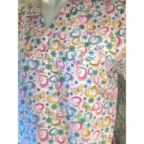 SB Scrub top Medium Pink Hearts Flowers V Neck 3 Front Pockets - Picture 7 of 9